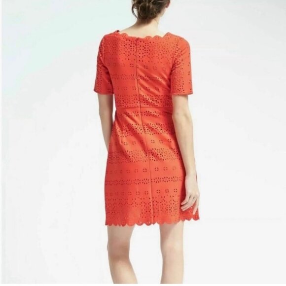 Banana Republic Laser Cut Fit and Flare Dress, Orange, Short Sleeve, Size 2P - Picture 2 of 12